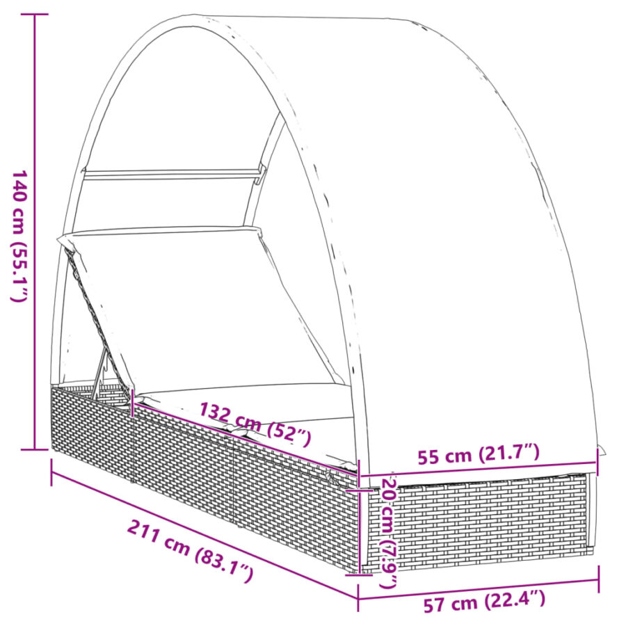 Ligbed met rond dak 211x57x140 cm poly rattan grijs - Afbeelding 11