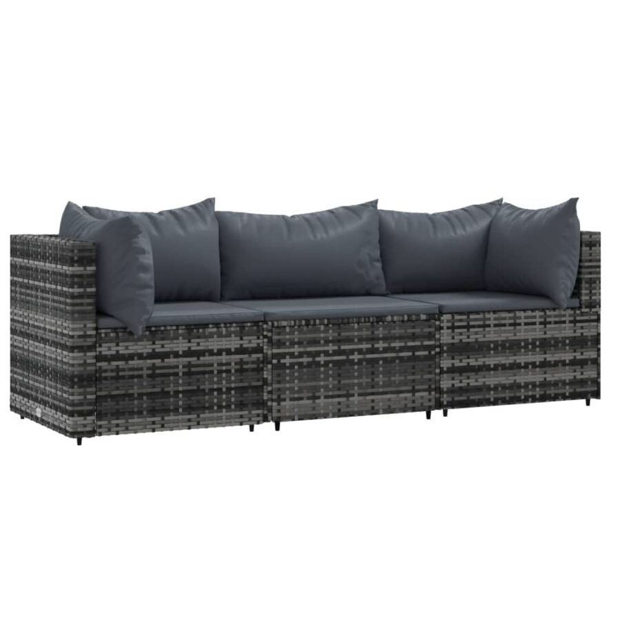 3-delige Loungeset met kussens poly rattan grijs - Afbeelding 2