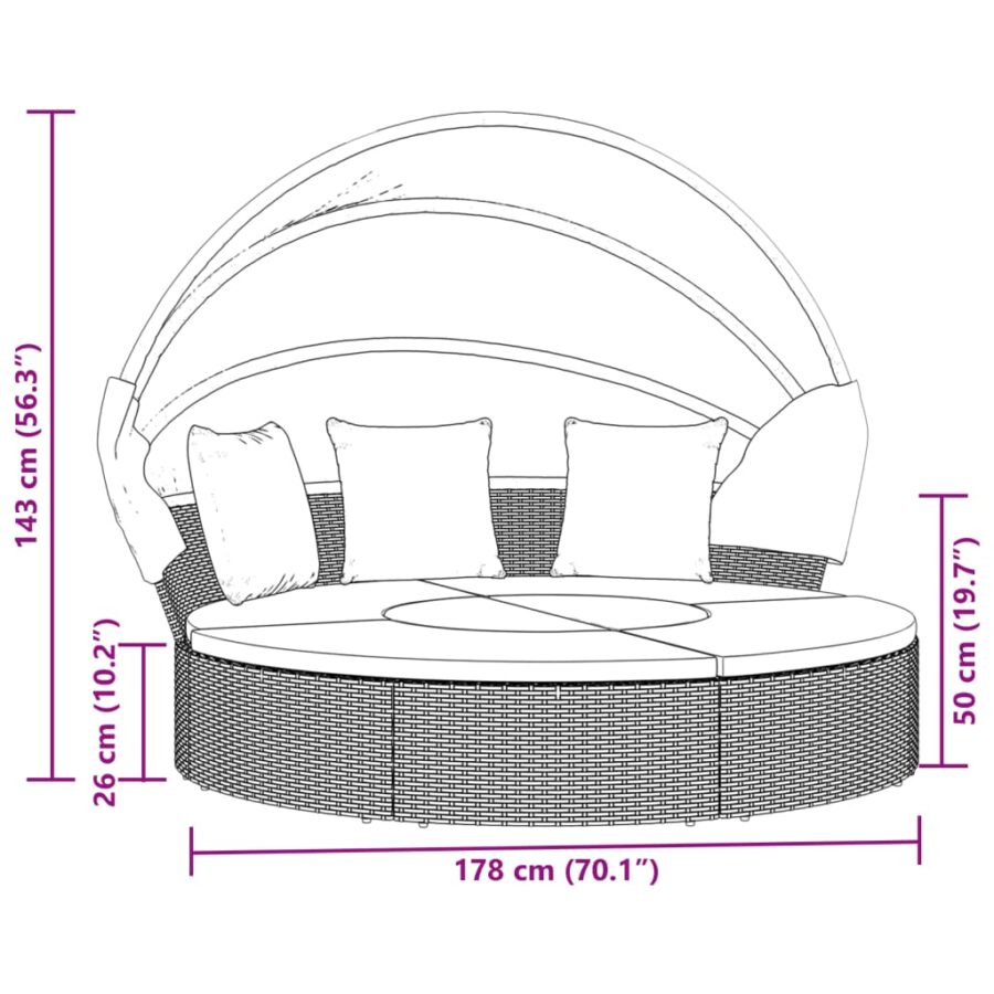 Loungebed met luifel en kussens poly rattan bruin - Afbeelding 8