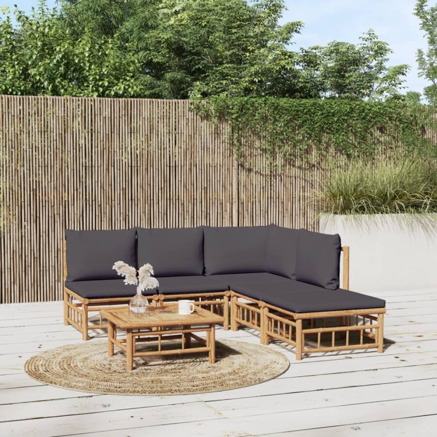 6-delige Loungeset met kussens bamboe donkergrijs
