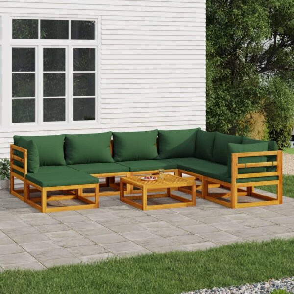 8-delige Loungeset met groene kussens massief hout