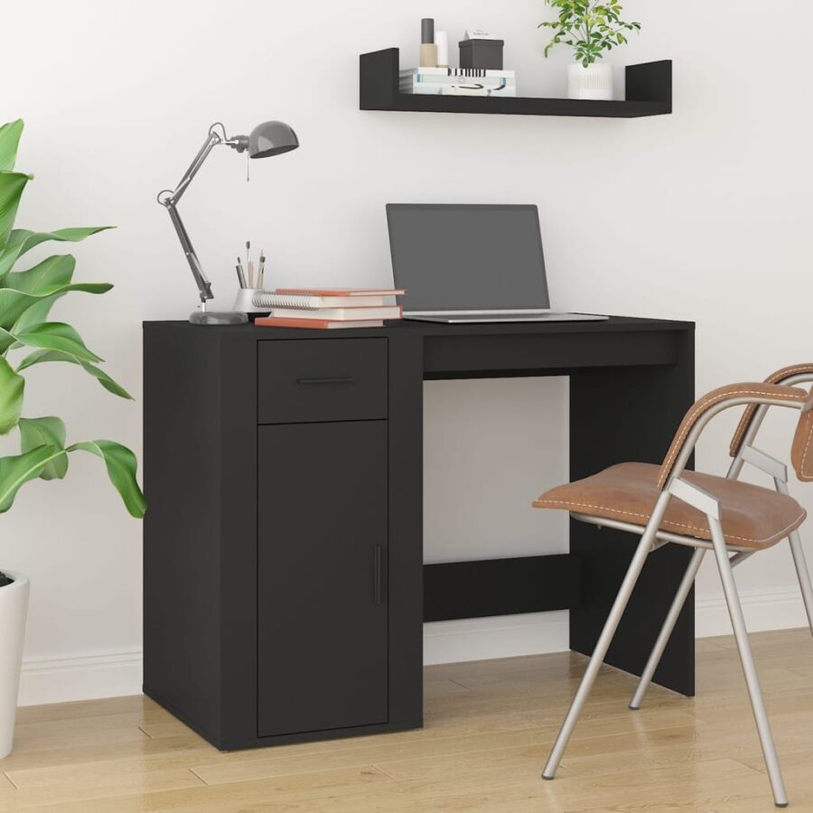 Bureau met kast bewerkt hout zwart - Afbeelding 3