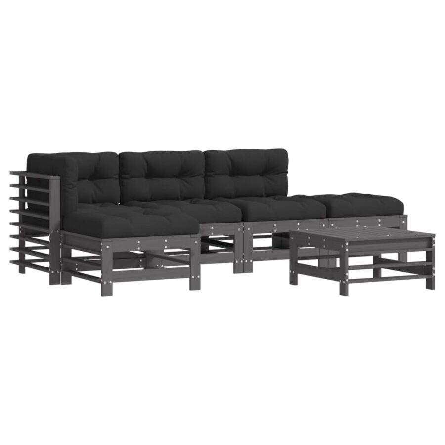6-delige Loungeset met kussens massief hout grijs - Afbeelding 2