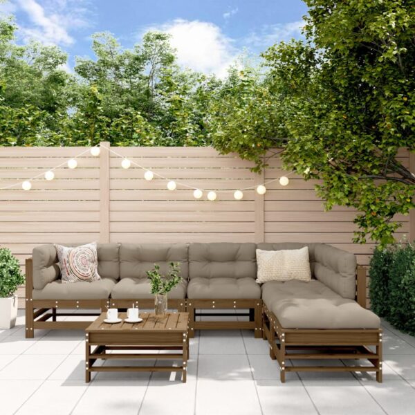 7-delige Loungeset met kussens massief hout honingbruin