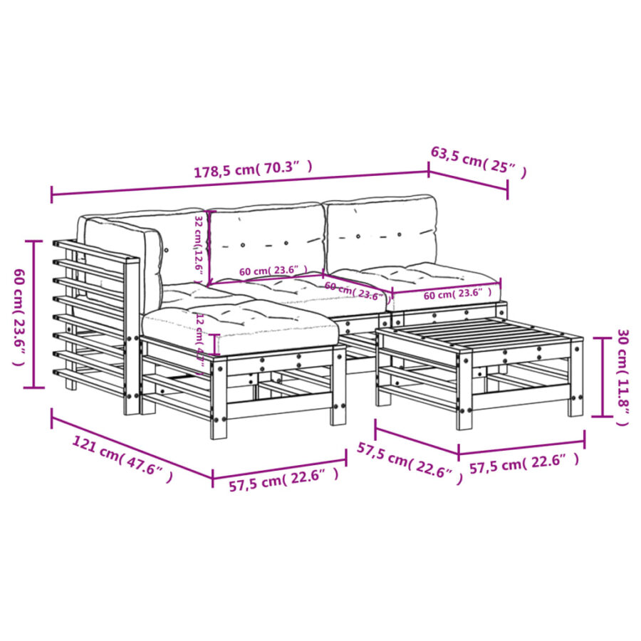 5-delige Loungeset met kussens massief hout wit - Afbeelding 9
