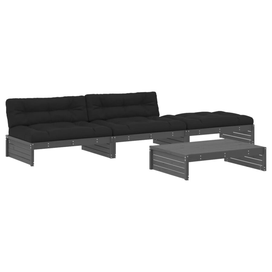 4-delige Loungeset met kussens massief hout grijs - Afbeelding 2