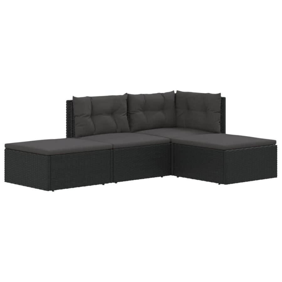4-delige Loungeset met kussens poly rattan zwart - Afbeelding 3
