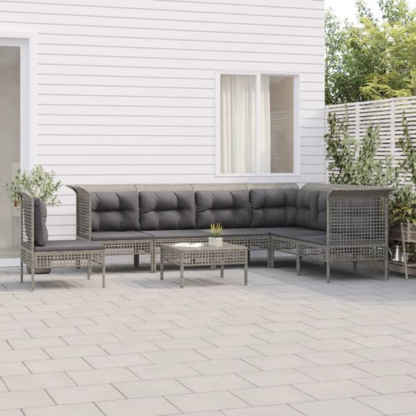 8-delige Loungeset met kussens poly rattan grijs