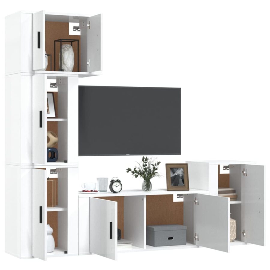 5-delige Tv-meubelset bewerkt hout hoogglans wit - Afbeelding 3