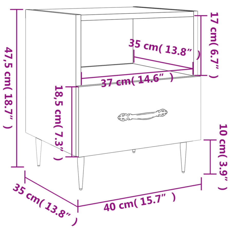 Nachtkastje 40x35x47,5 cm bewerkt hout hoogglans wit - Afbeelding 12