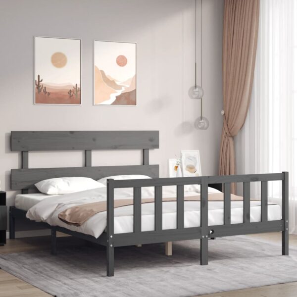 Bedframe met hoofdbord massief hout grijs