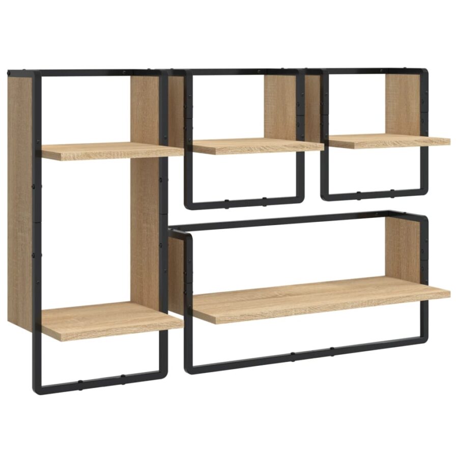 4-delige Wandschappenset met stangen bewerkt hout sonoma eiken - Afbeelding 2