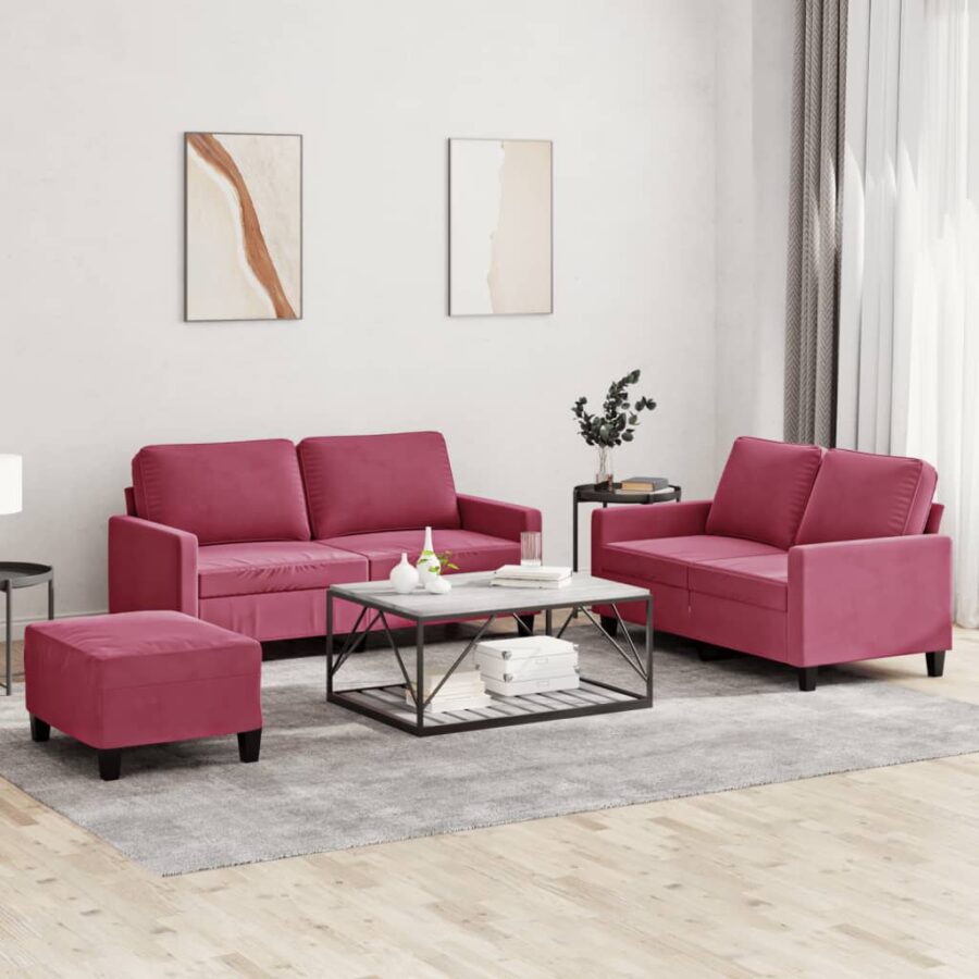 3-delige Loungeset met kussens fluweel wijnrood