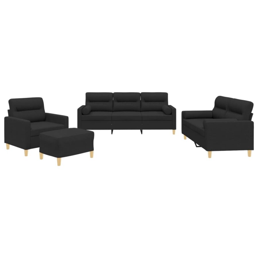 4-delige Loungeset met kussens stof zwart - Afbeelding 2