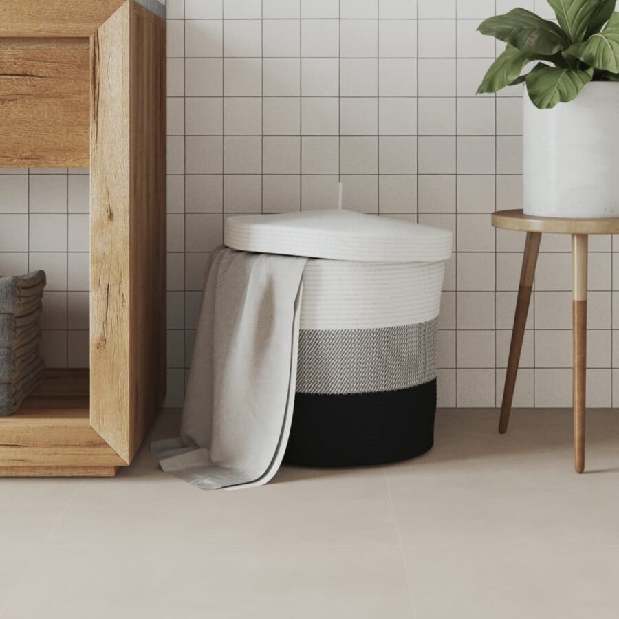 Opbergmand met deksel Ø 40x35 cm katoen wit en zwart - Afbeelding 3