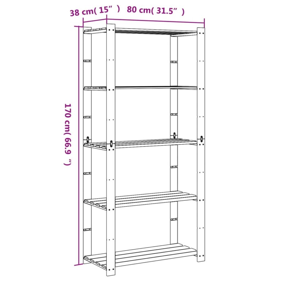 Opbergrek 5-laags 80x38x170 cm massief grenenhout grijs - Afbeelding 7