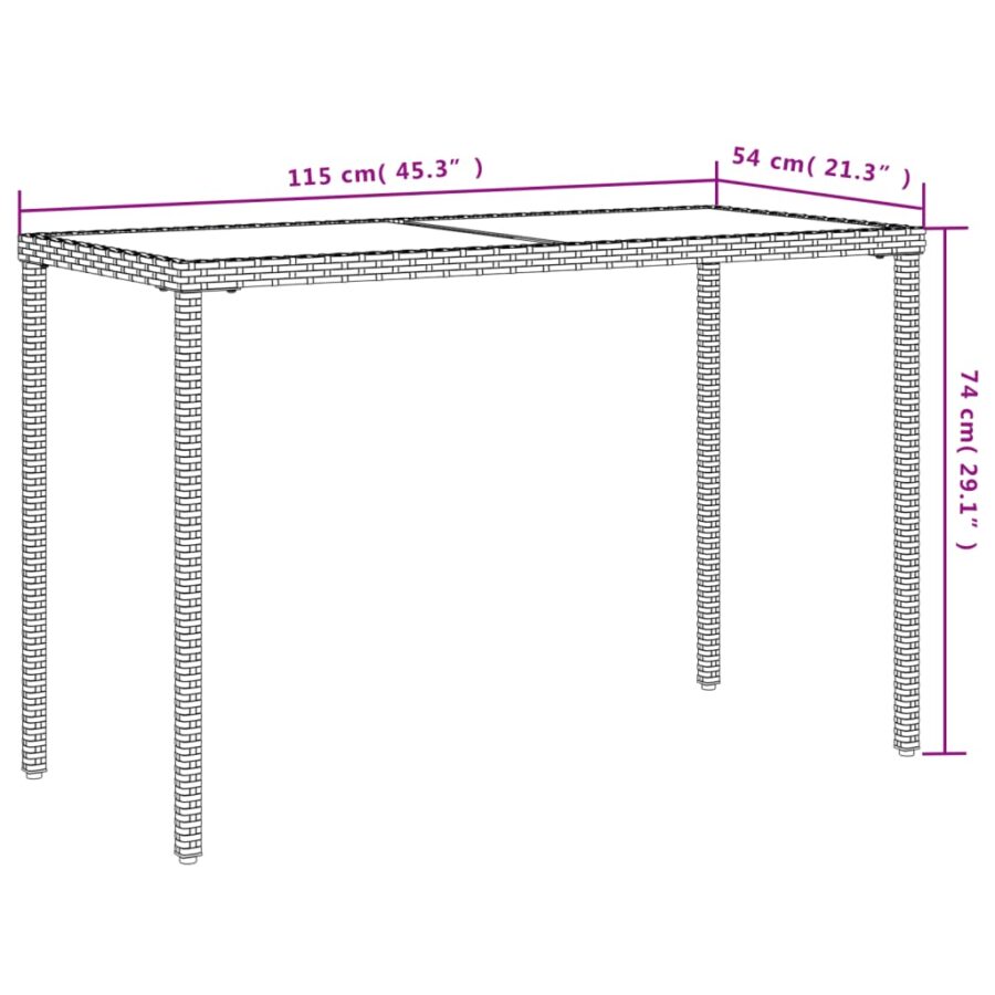 Tuintafel met glazen blad 115x54x74 cm poly rattan bruin - Afbeelding 10