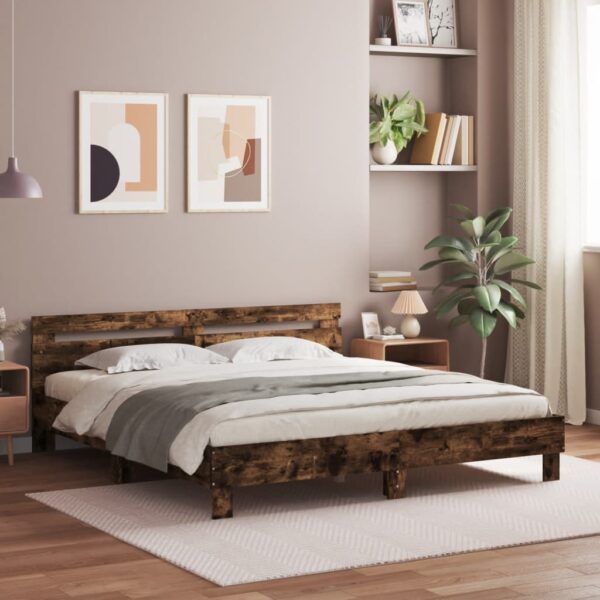 Bedframe met hoofdeinde bewerkt hout gerookt eiken 180x200 cm