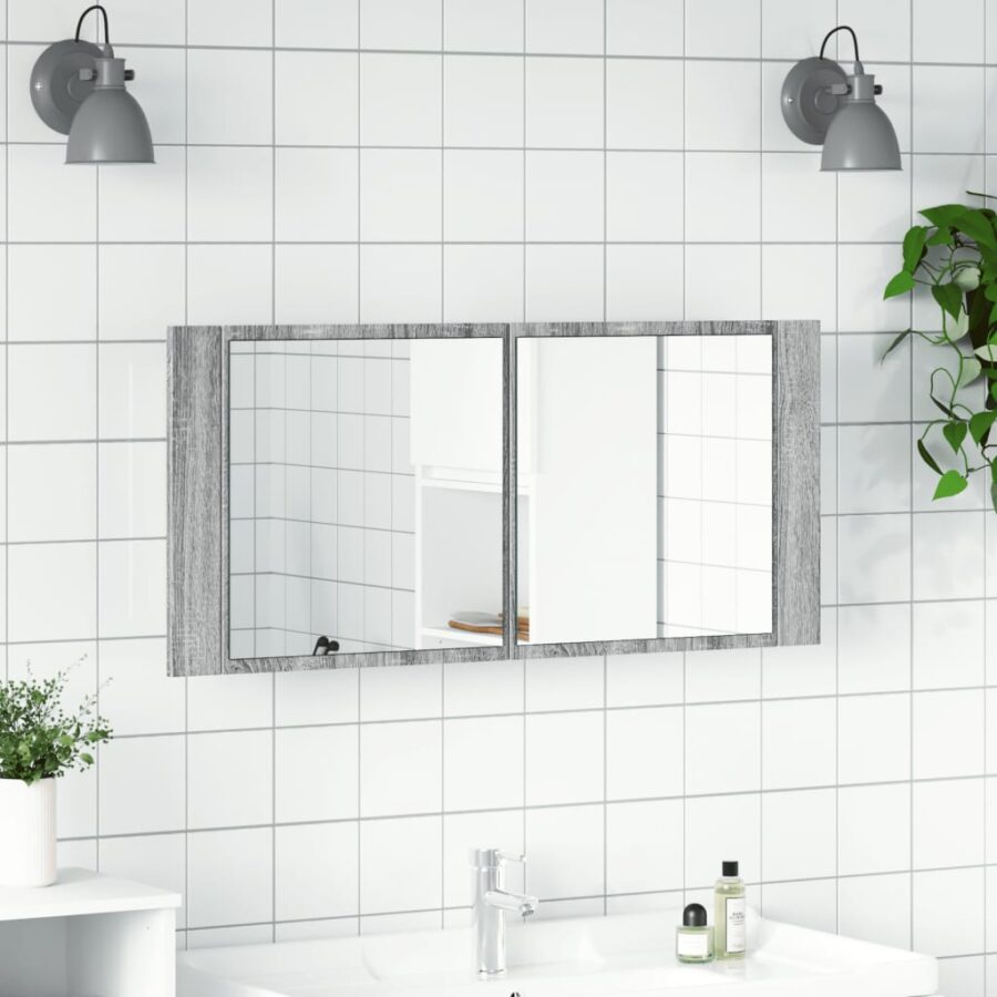 Badkamerkast met spiegel en LED 100x12x45 cm grijs sonoma eiken - Afbeelding 3