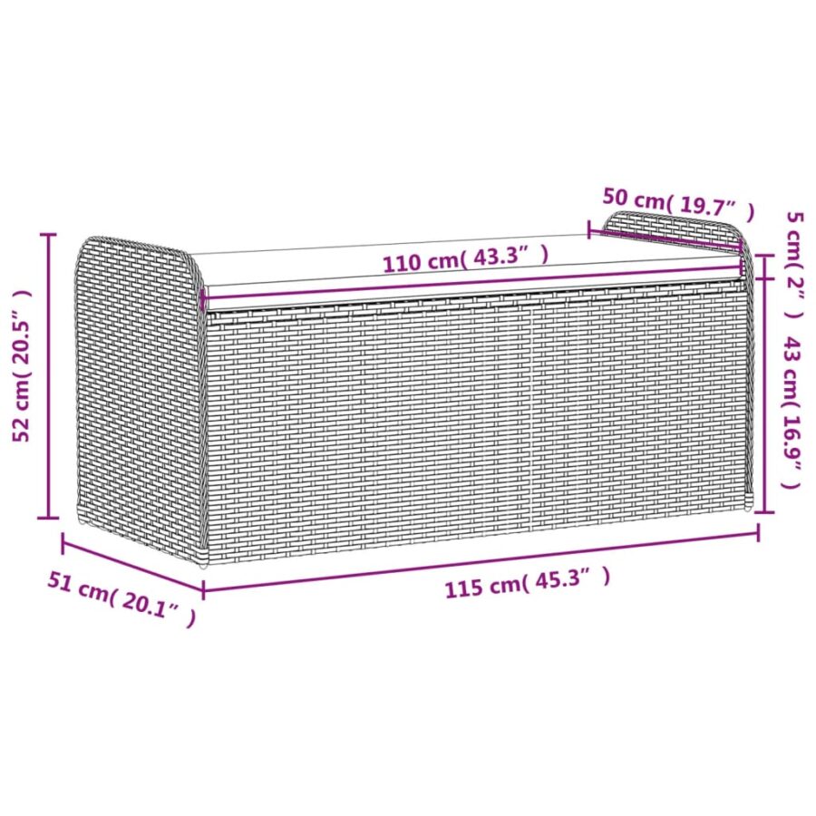 Opbergbankje met kussen 115x51x52 cm poly rattan bruin - Afbeelding 11