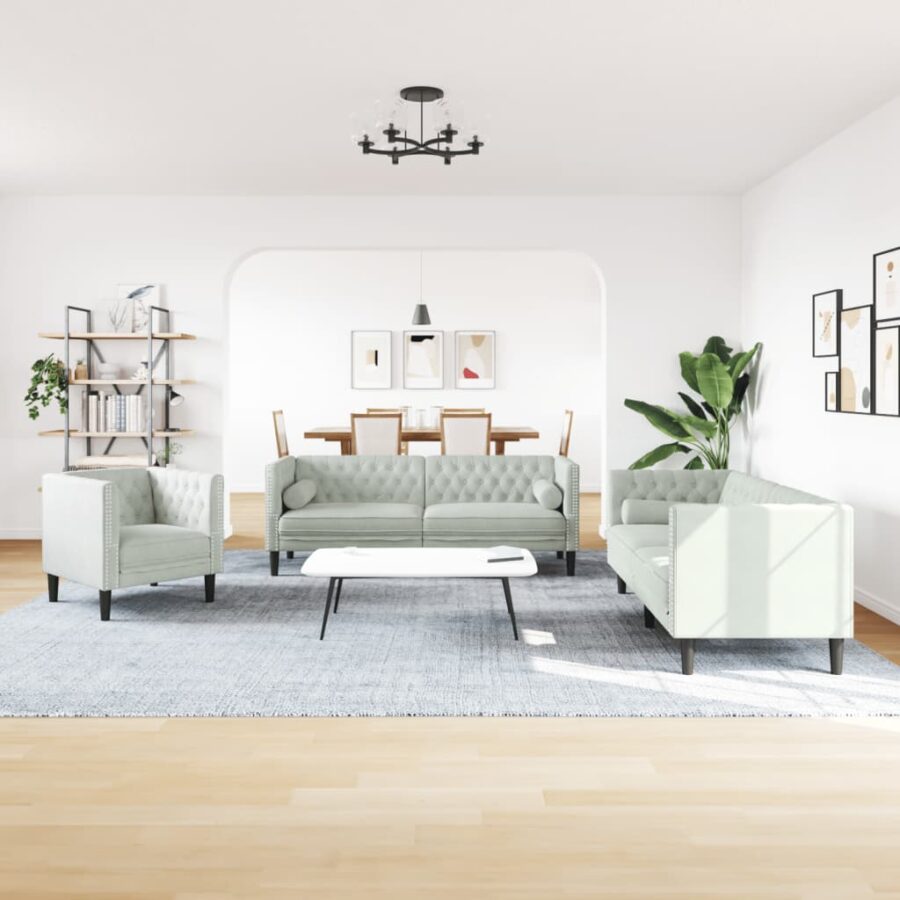 3-delige Loungeset Chesterfield met bolsters fluweel lichtgrijs - Afbeelding 3
