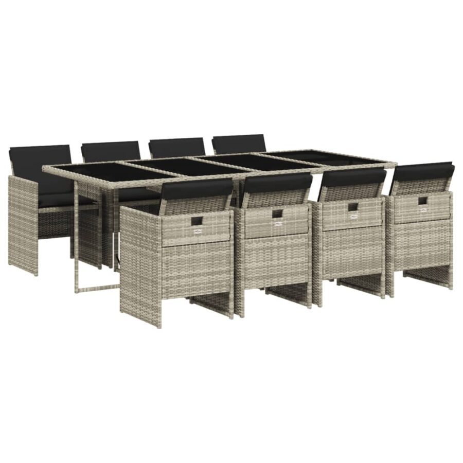 9-delige Tuinset met kussens poly rattan lichtgrijs - Afbeelding 2