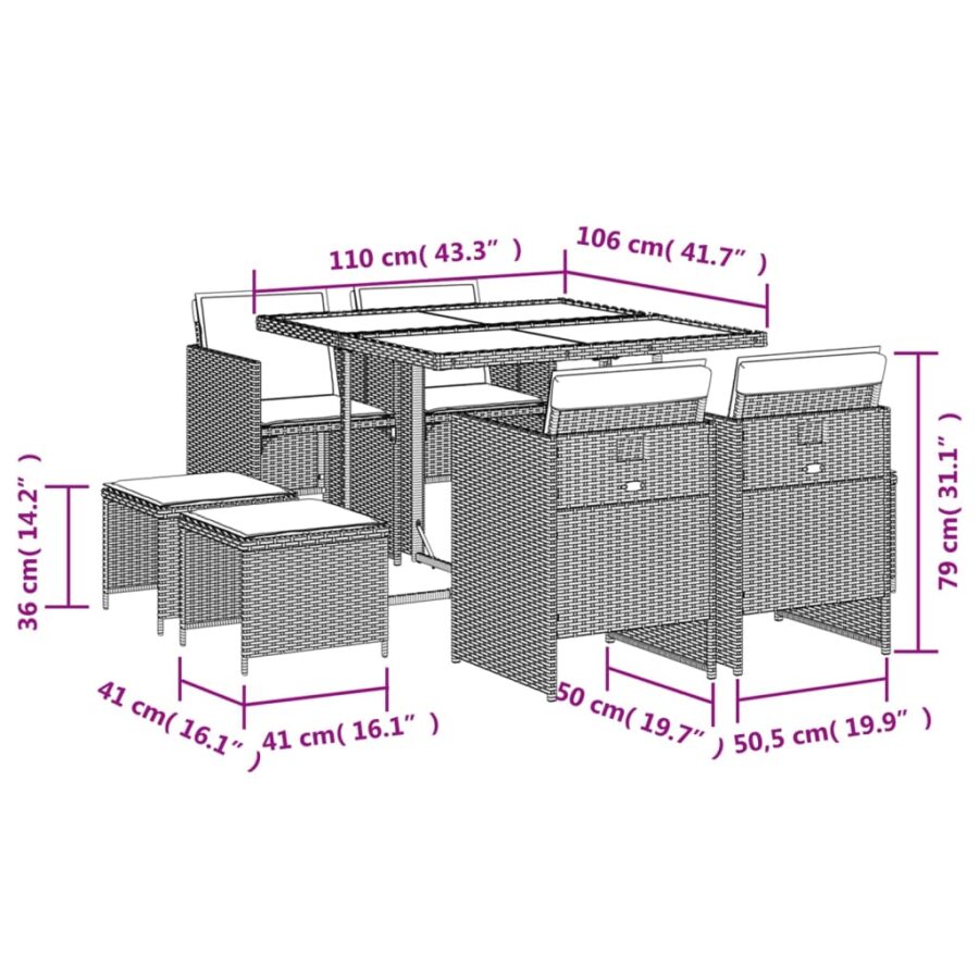 9-delige Tuinset met kussens poly rattan grijs - Afbeelding 6
