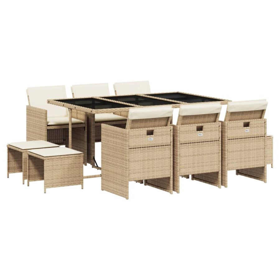 11-delige Tuinset met kussens poly rattan beige - Afbeelding 2