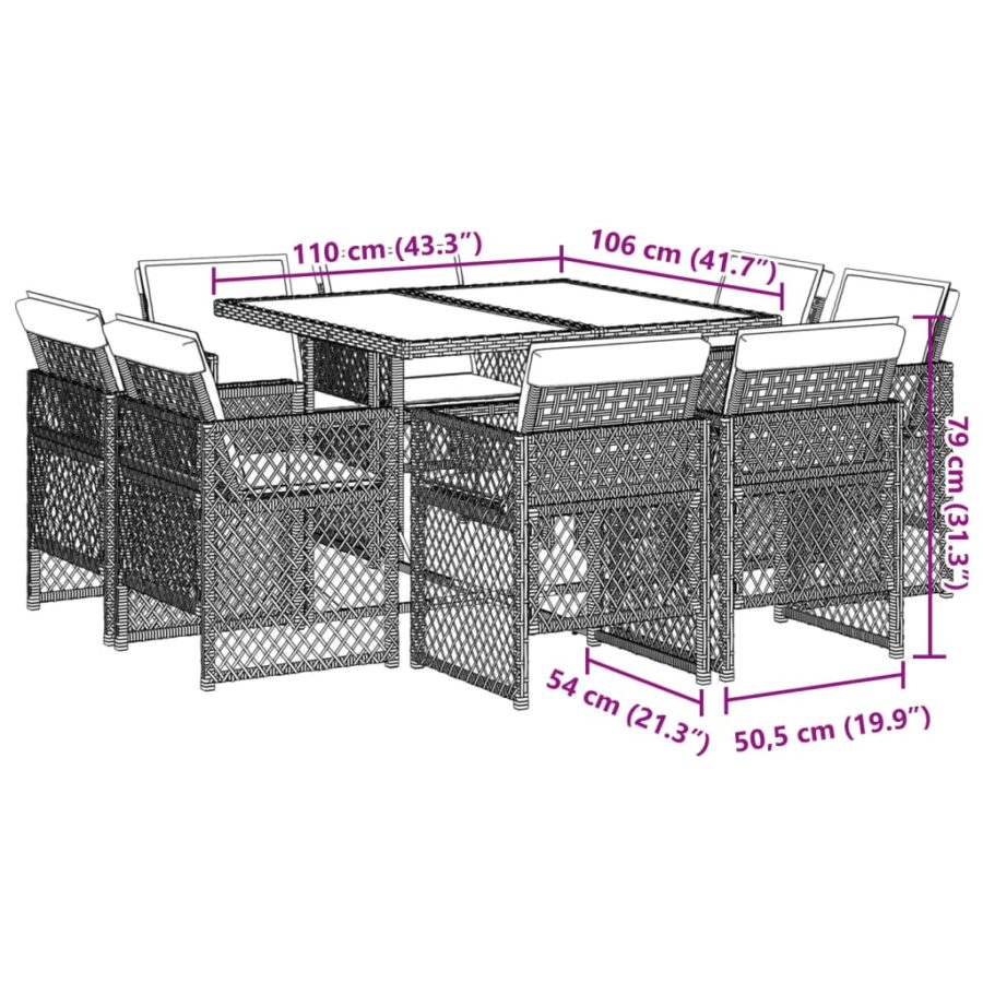 9-delige Tuinset met kussens poly rattan lichtgrijs - Afbeelding 8