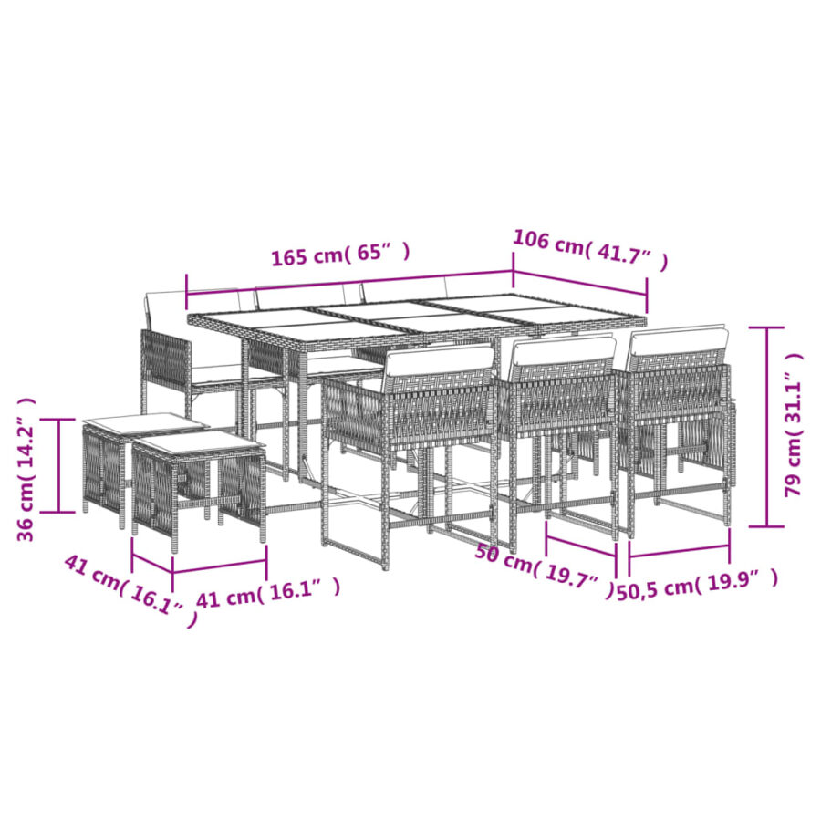 11-delige Tuinset met kussens poly rattan zwart - Afbeelding 6