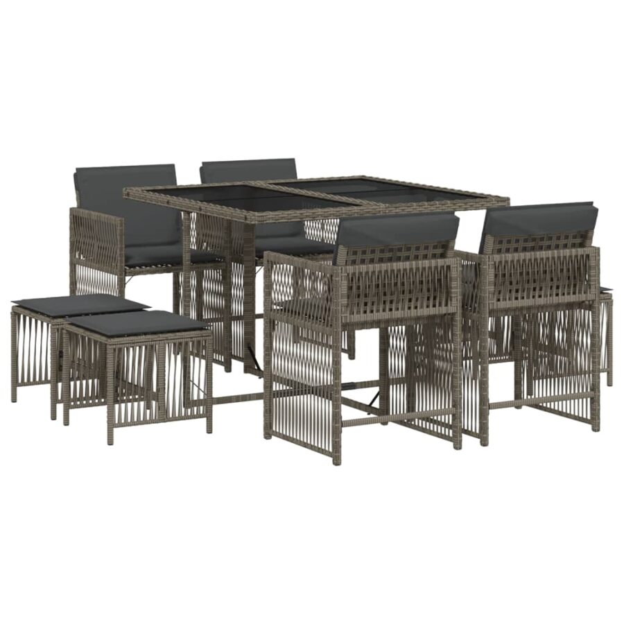 9-delige Tuinset met kussens poly rattan grijs - Afbeelding 2