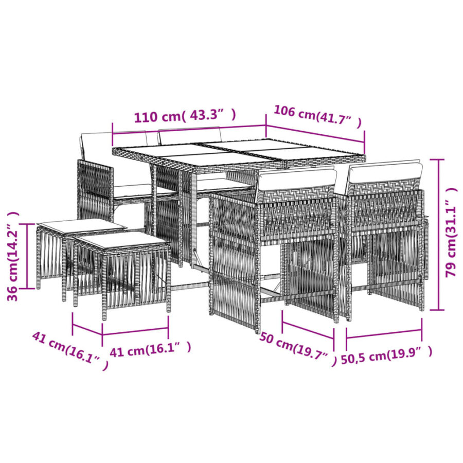9-delige Tuinset met kussens poly rattan grijs - Afbeelding 6