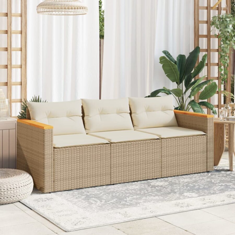 Tuinbank 3-zits met kussens poly rattan beige - Afbeelding 3
