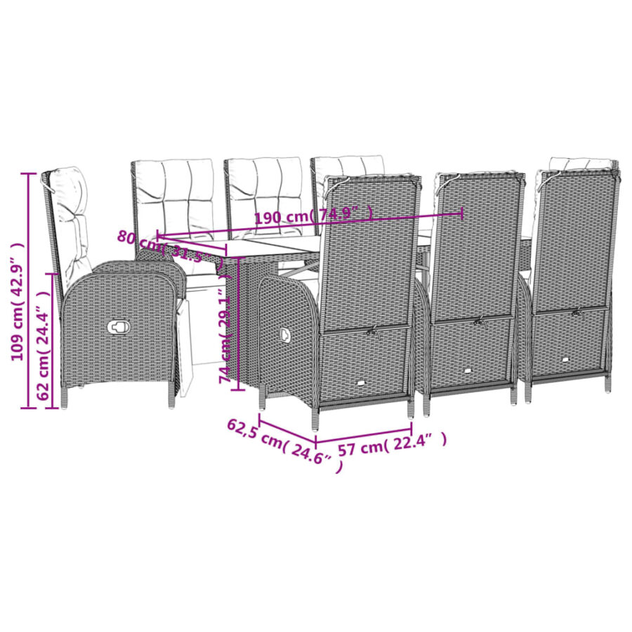 9-delige Tuinset met kussens poly rattan grijs - Afbeelding 7