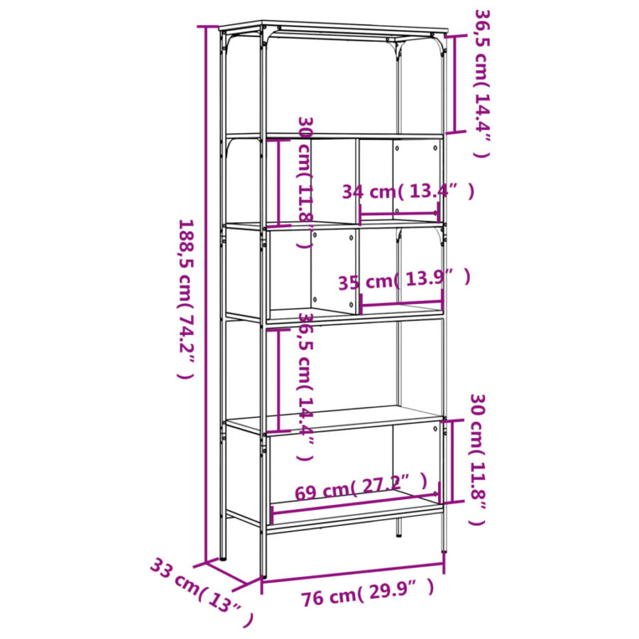 Boekenkast 5-laags 76x33x188,5 cm bewerkt hout grijs sonoma - Afbeelding 11
