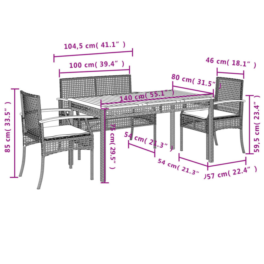 4-delige Tuinset met kussens poly rattan zwart - Afbeelding 8