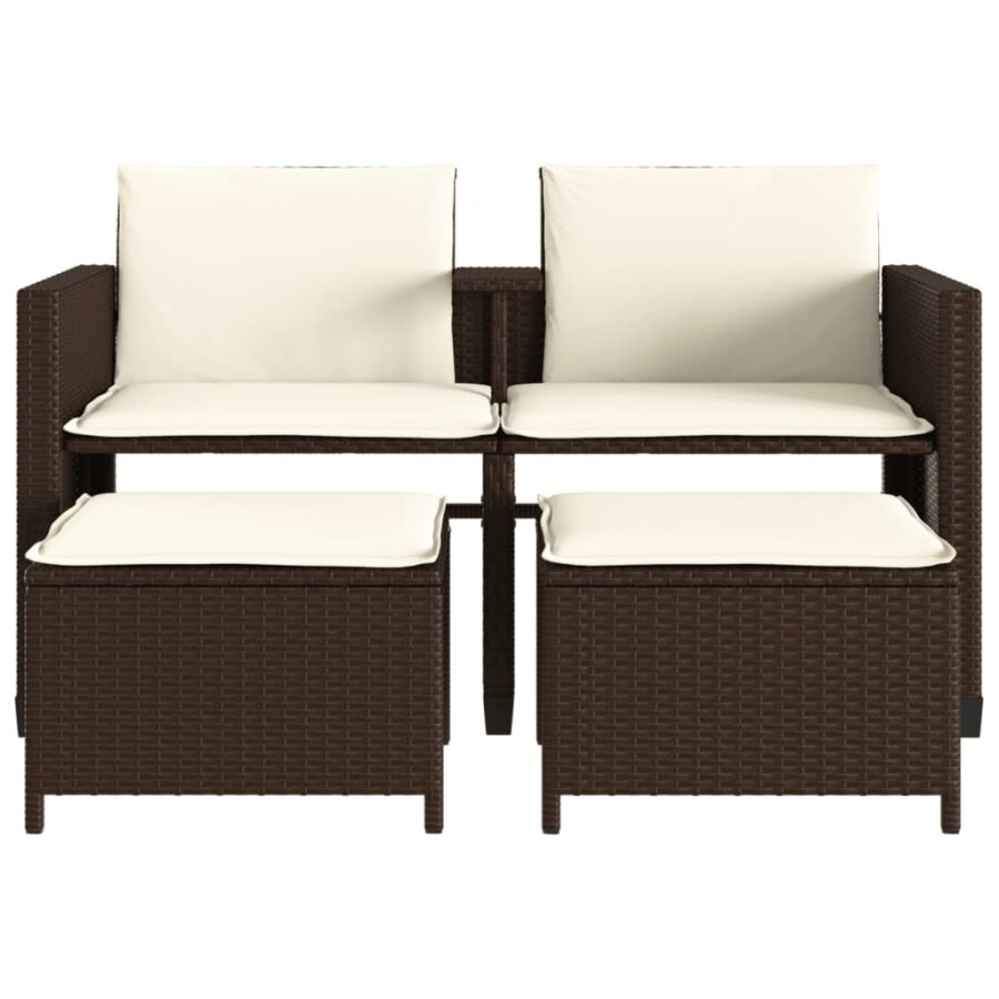 Tuinbank 2-zits met tafel en voetenbanken poly rattan bruin - Afbeelding 5