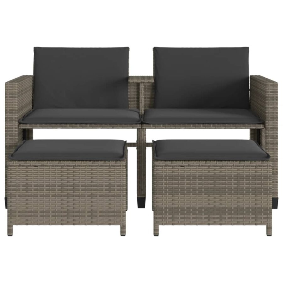 Tuinbank 2-zits met tafel en voetenbanken poly rattan grijs - Afbeelding 5
