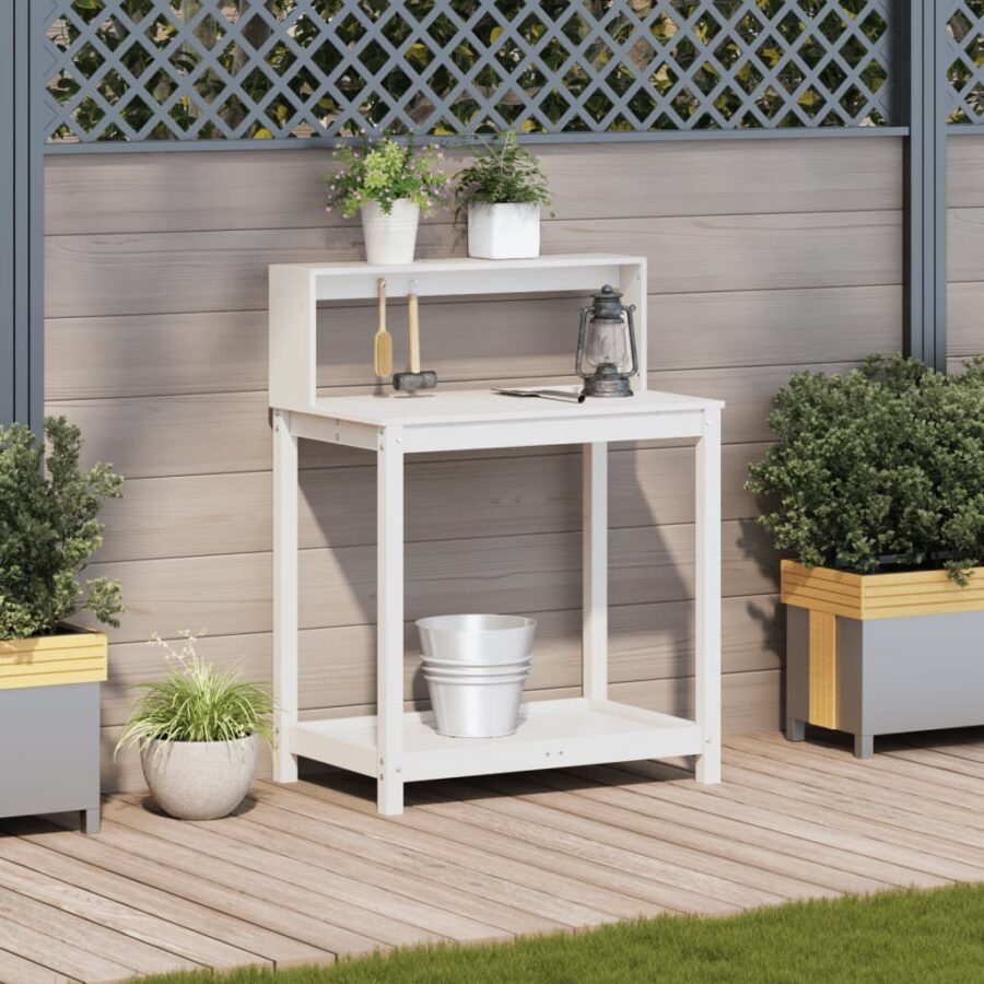 Oppottafel met schappen 82,5x50x109,5 cm massief grenenhout wit - Afbeelding 3