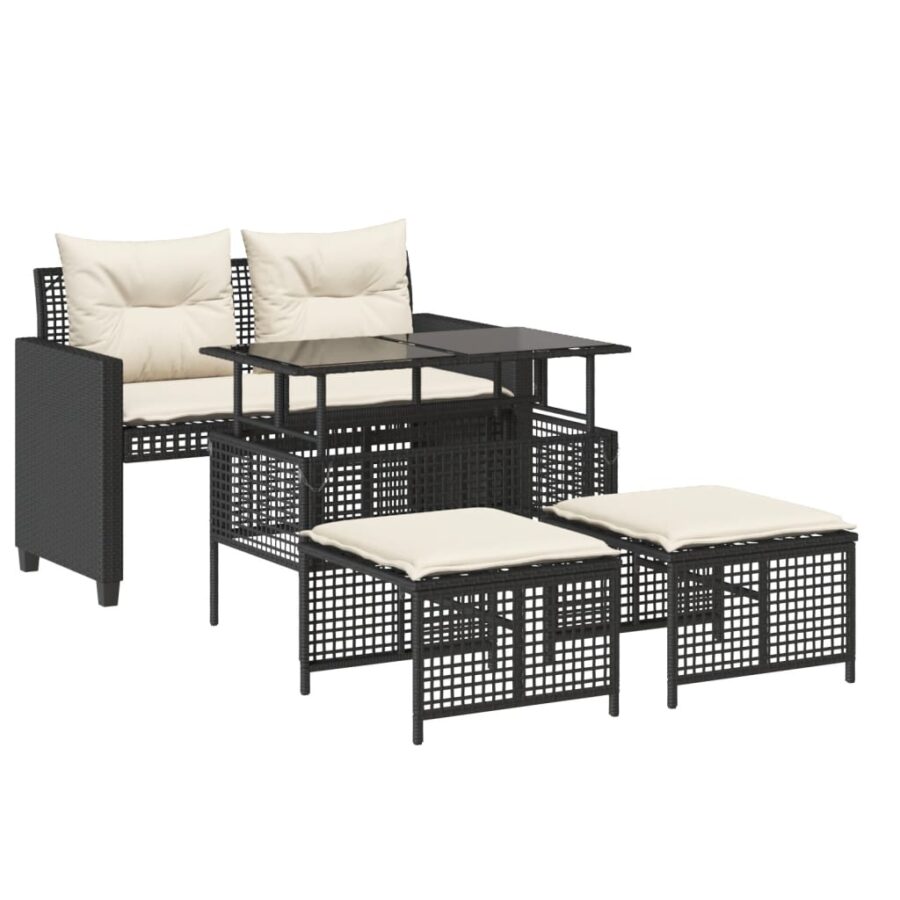 4-delige Loungeset met kussens poly rattan en glas zwart - Afbeelding 2