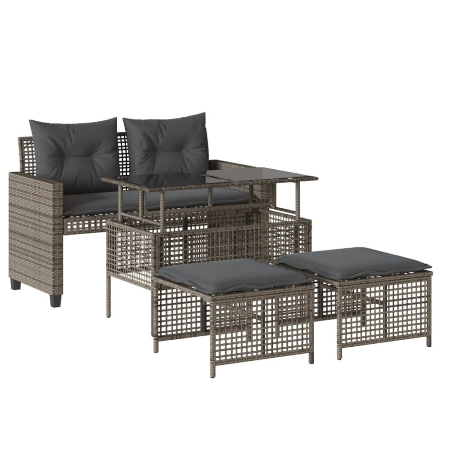 4-delige Loungeset met kussens poly rattan en glas grijs - Afbeelding 2