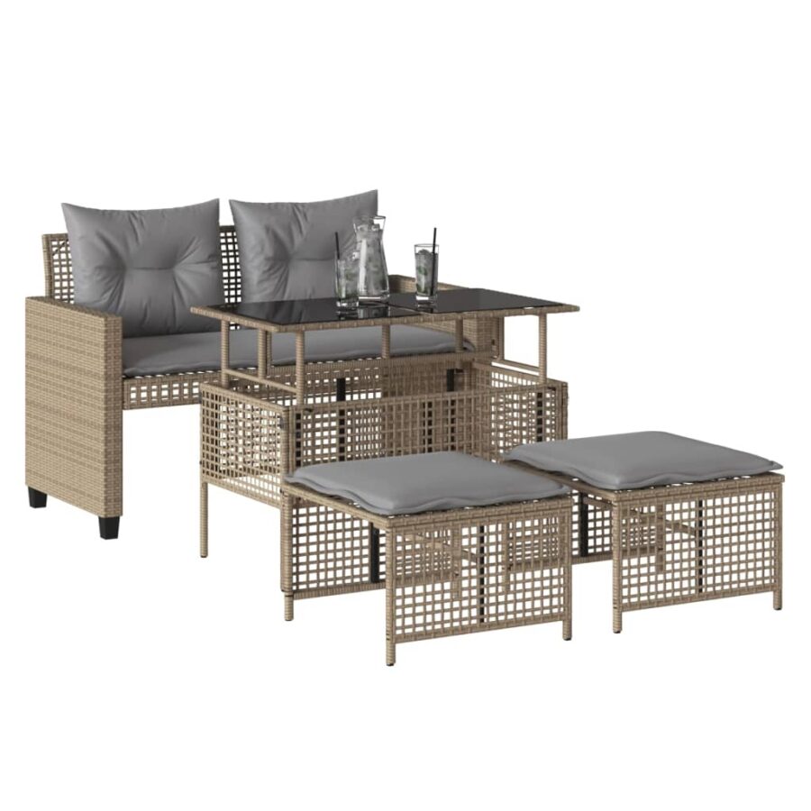 4-delige Loungeset met kussens poly rattan en glas beige - Afbeelding 3