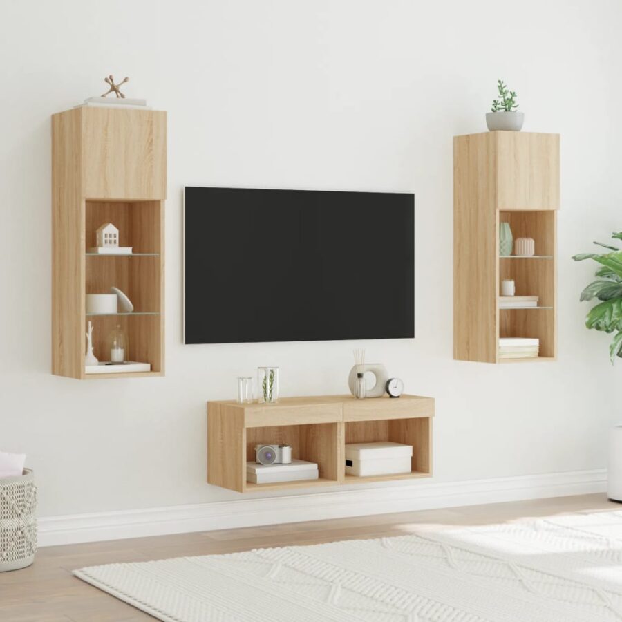 4-delige Tv-wandmeubelset met LED-verlichting sonoma eikenkleur - Afbeelding 4