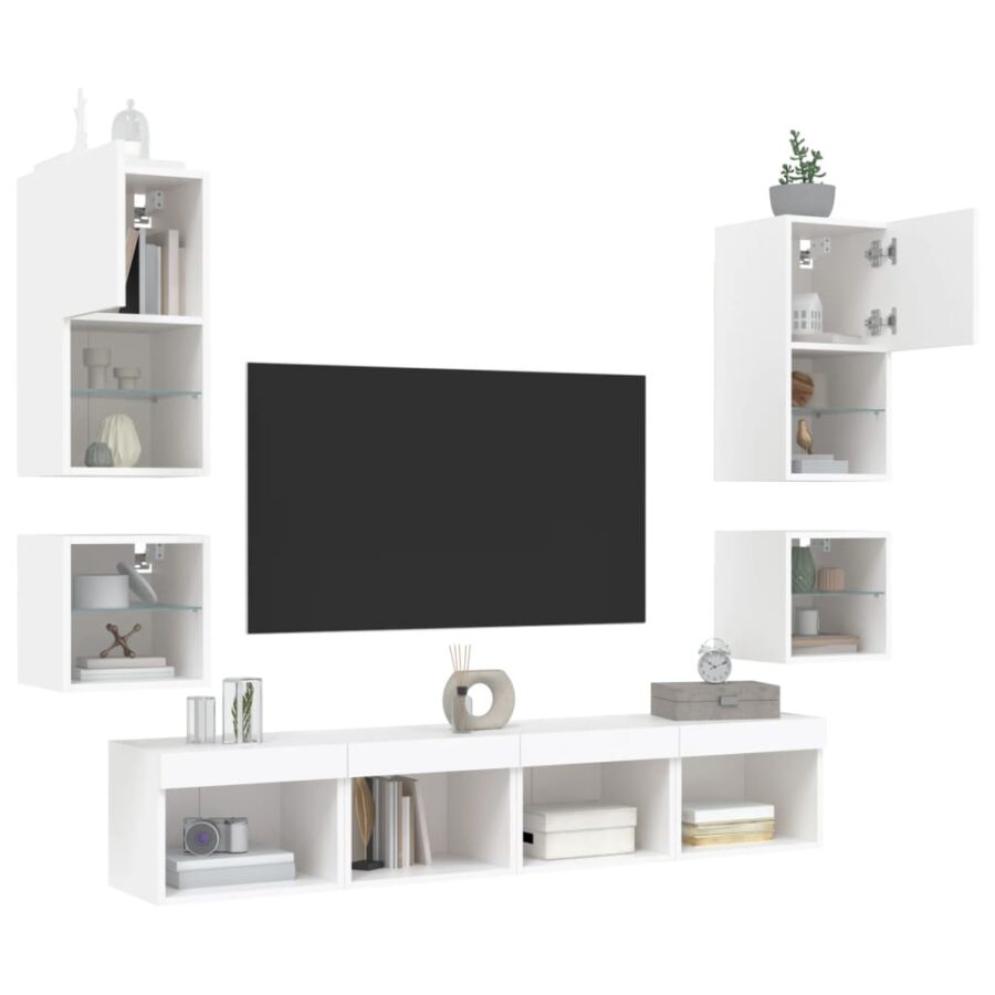 8-delige Tv-wandmeubelset met LED-verlichting bewerkt hout wit - Afbeelding 4