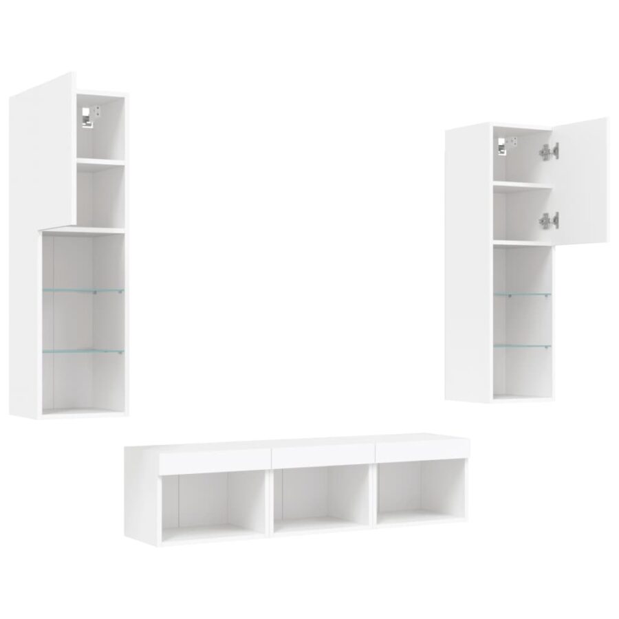 5-delige Tv-wandmeubelset met LED-verlichting bewerkt hout wit - Afbeelding 6