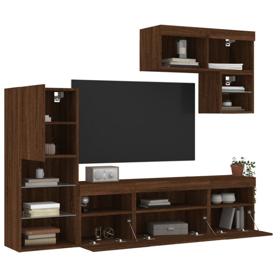 6-delige Tv-wandmeubelset met LED bewerkt hout bruineikenkleur - Afbeelding 5