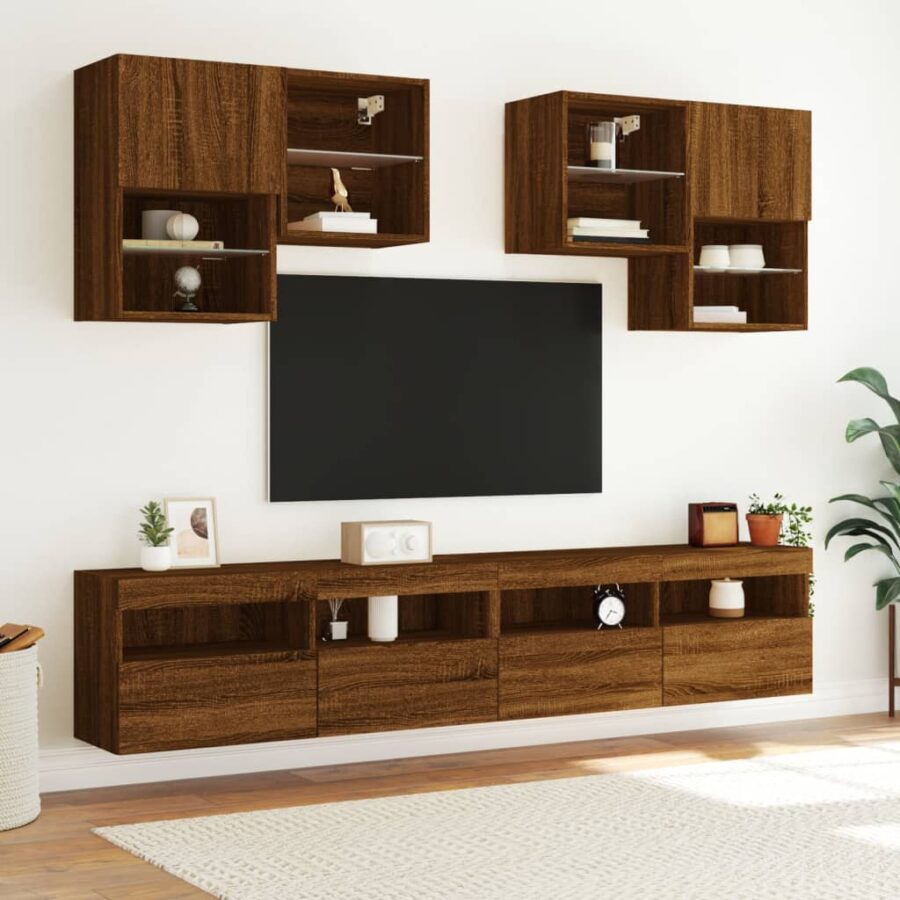 6-delige Tv-wandmeubelset met LED-verlichting bruin eikenkleur - Afbeelding 4