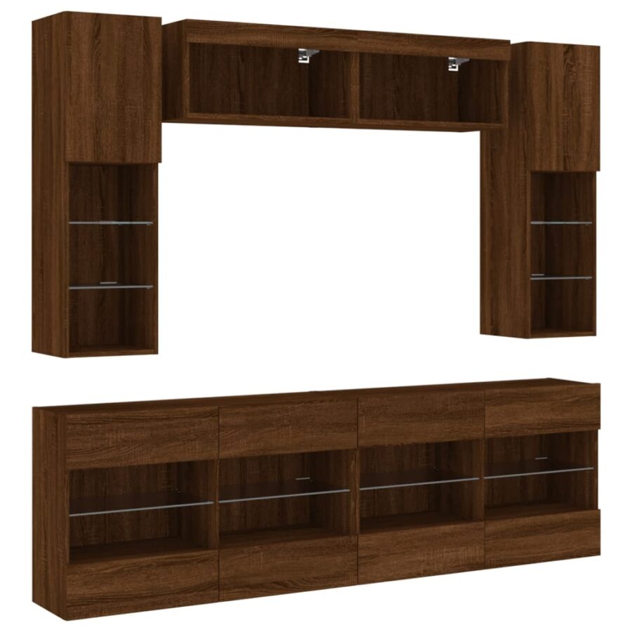 6-delige Tv-wandmeubelset met LED-verlichting bruin eikenkleur - Afbeelding 3