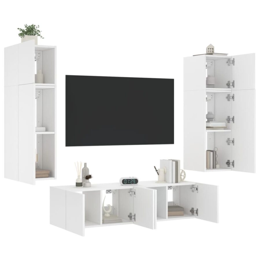 6-delige Tv-wandmeubelset met LED-verlichting bewerkt hout wit - Afbeelding 5