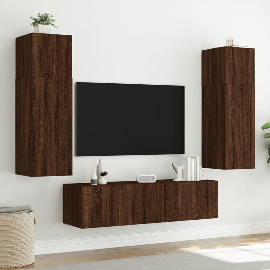 6-delige Tv-wandmeubelset met LED bewerkt hout bruineikenkleur - Afbeelding 4